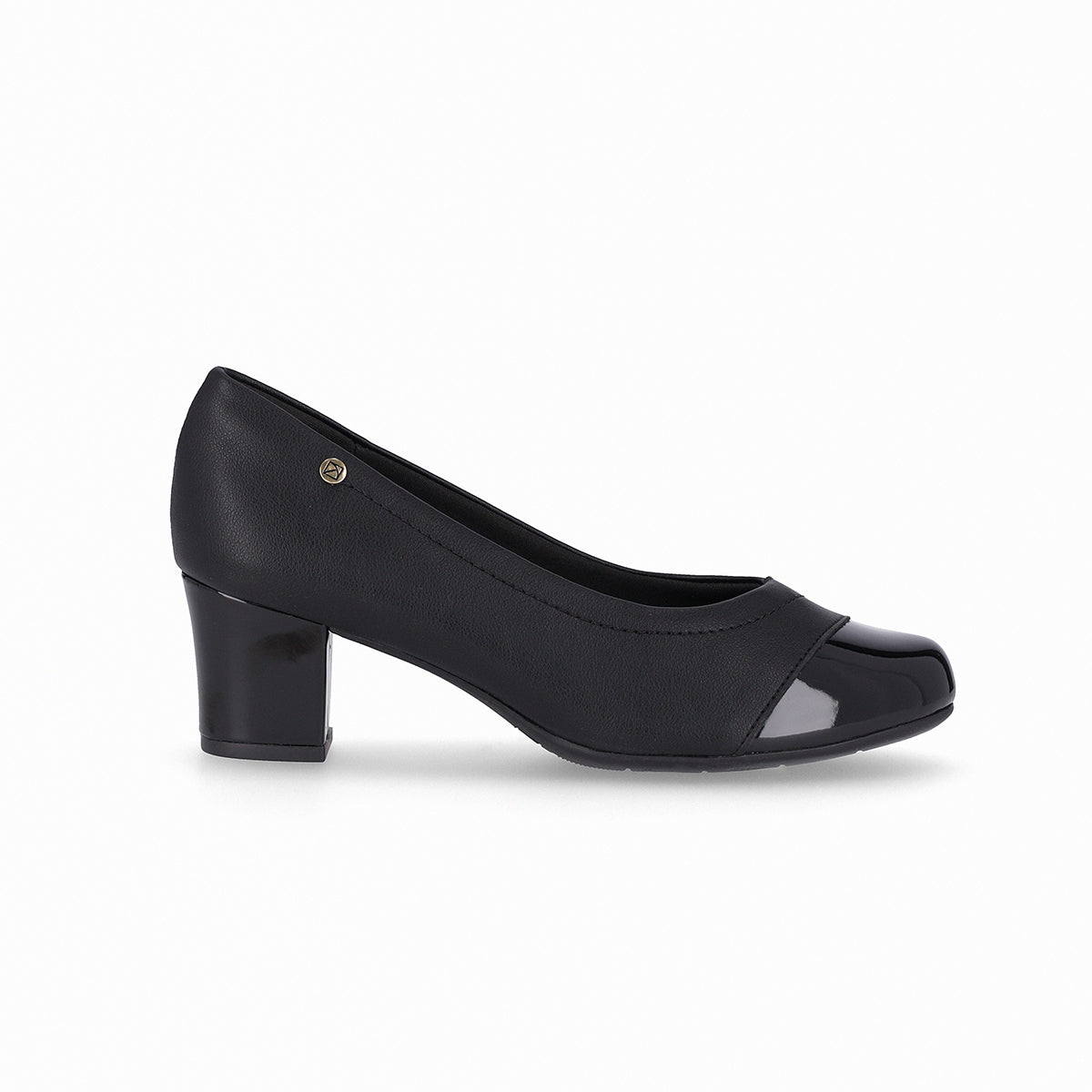 Zapatilla tacón medio cuadrado de 5 cm dos texturas puntera charol negro en puntera para mujer, suela adherente y plantilla anatómica