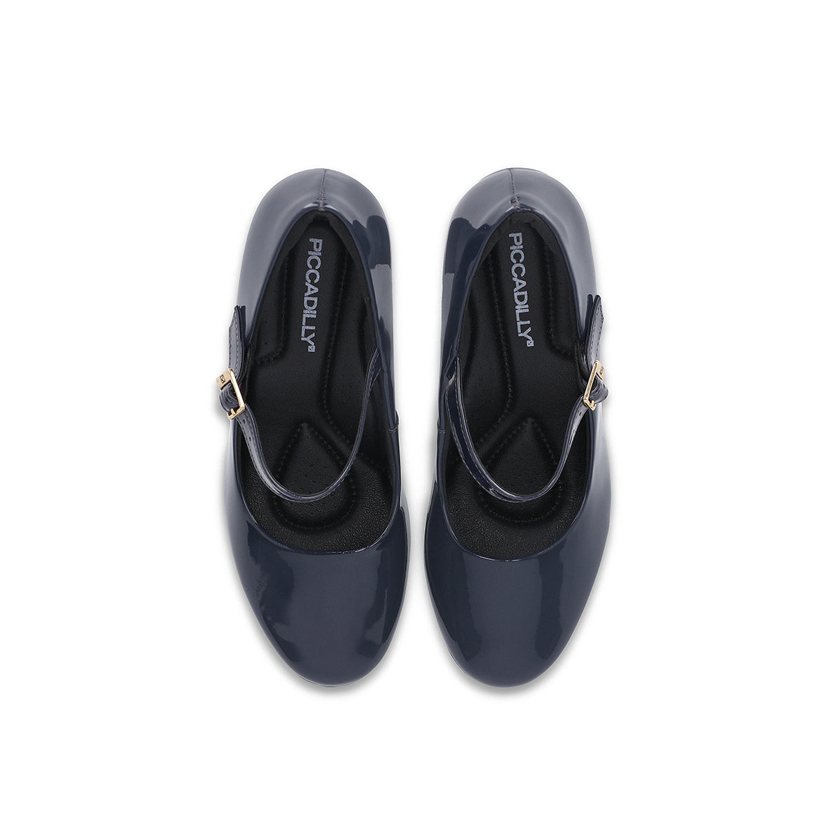 Modelaje de zapatillas color azul marino tacón alto 7.5 cm con correa ajustable al tobillo para mujer colección Deise. Vista desde arriba.