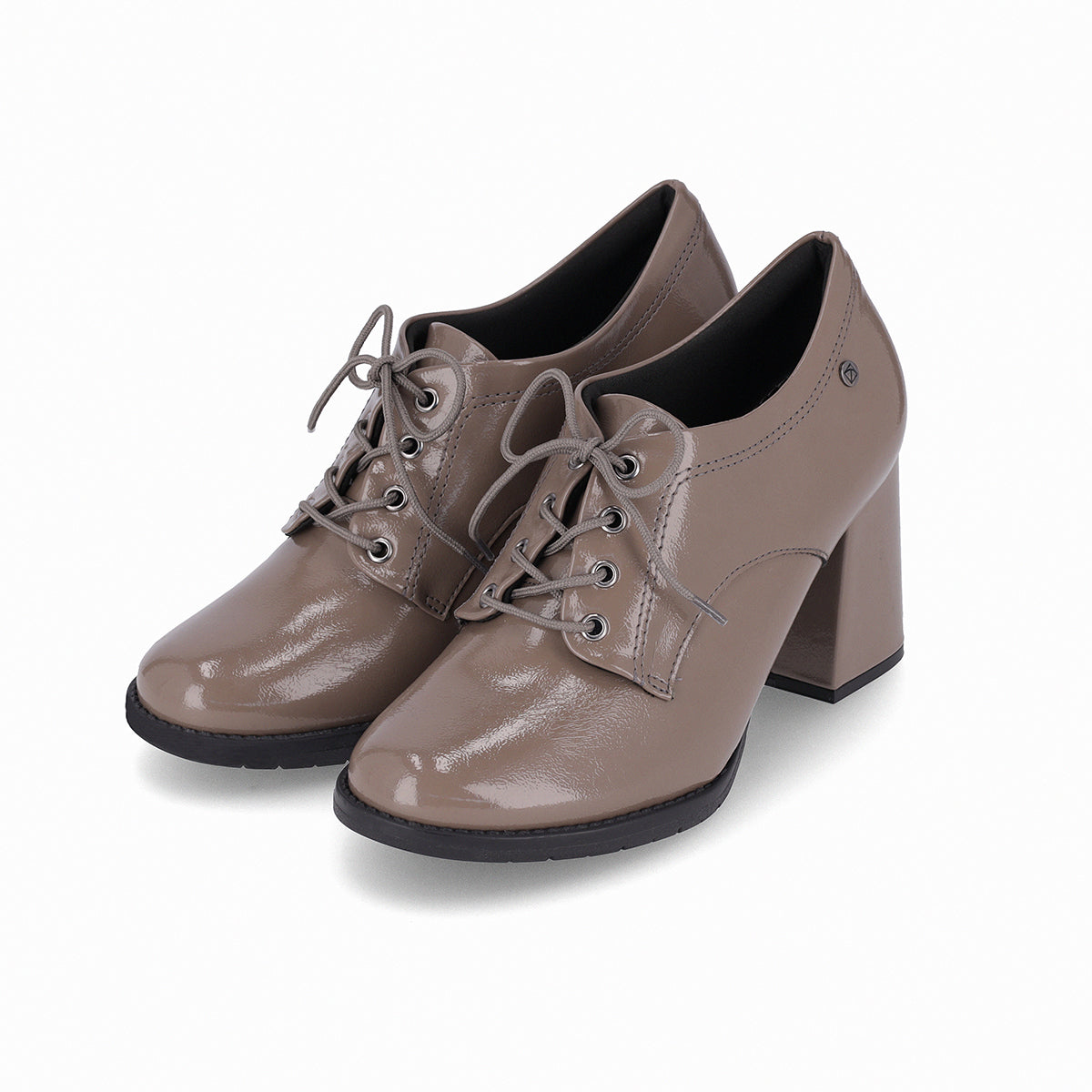 Zapatos color taupe estilo cuadrado de tacón alto 7.5 cm, con agujetas y tacón ancho para mujer