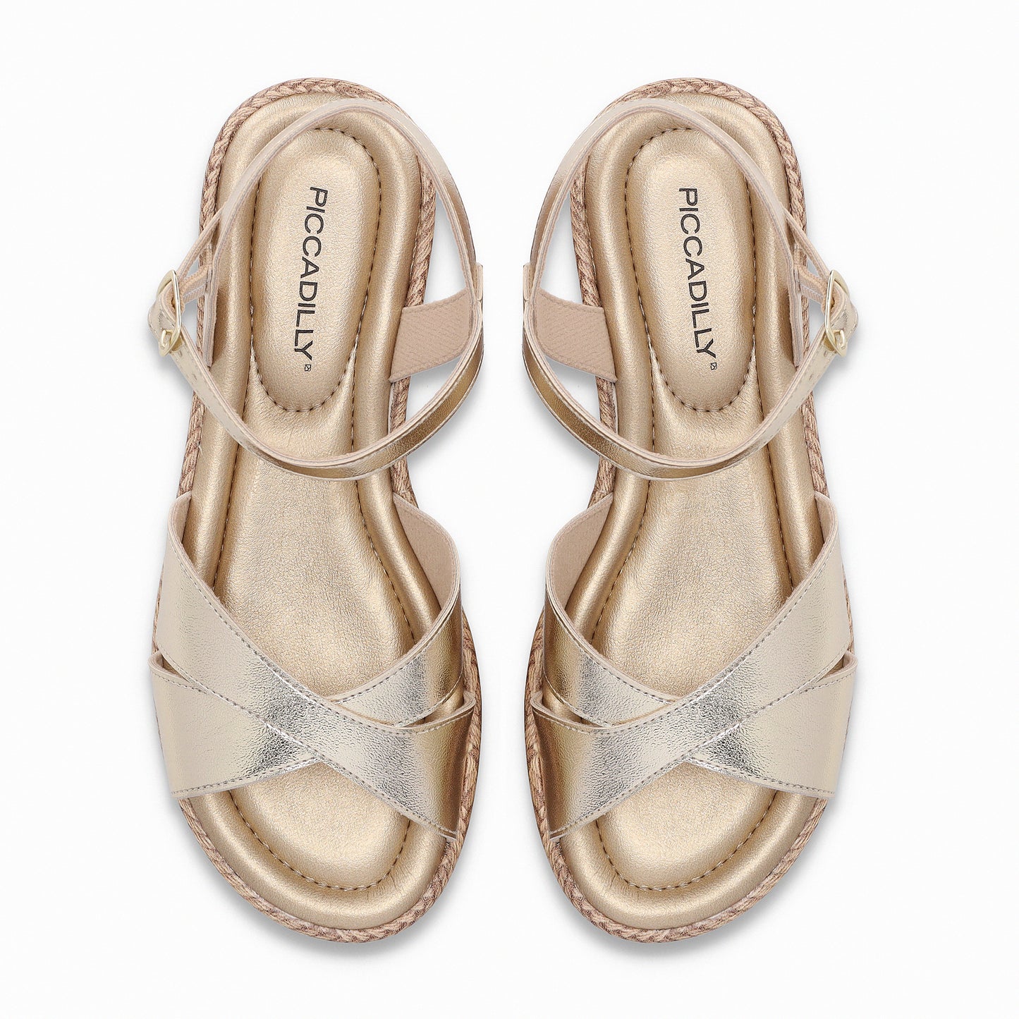 Sandalia de cuña baja corrida con correas al tobillo y tiras cruzadas - Contemporanea