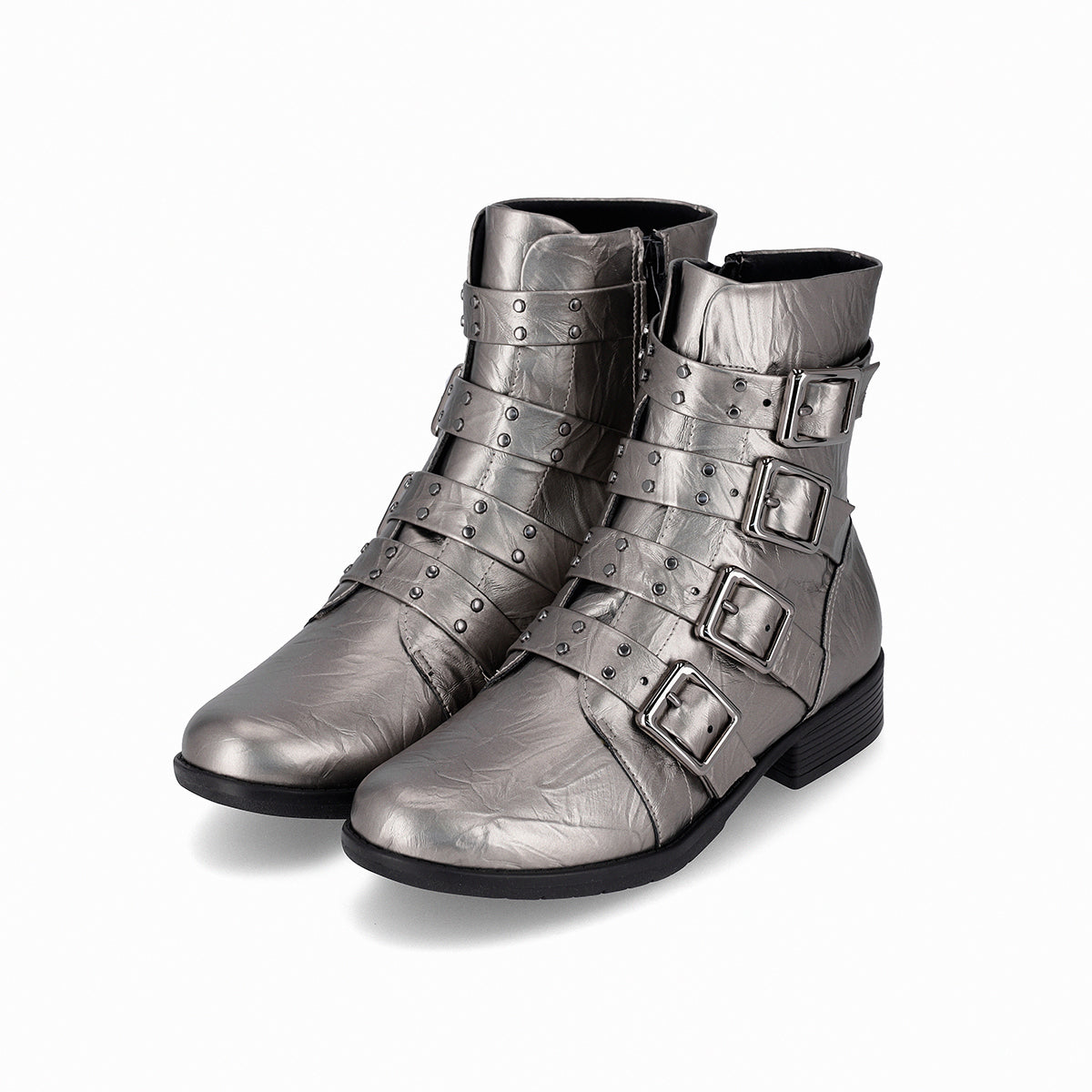 Botas color gris plateado para mujer arriba del tobillo tacón bajo con hebillas suela negra