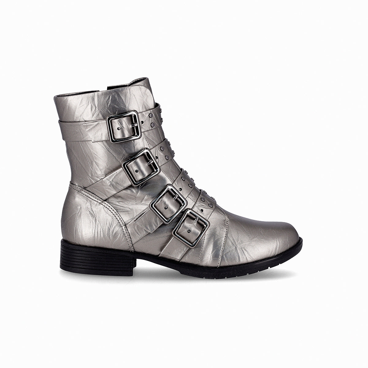 Botas color gris plateado para mujer arriba del tobillo tacón bajo con hebillas