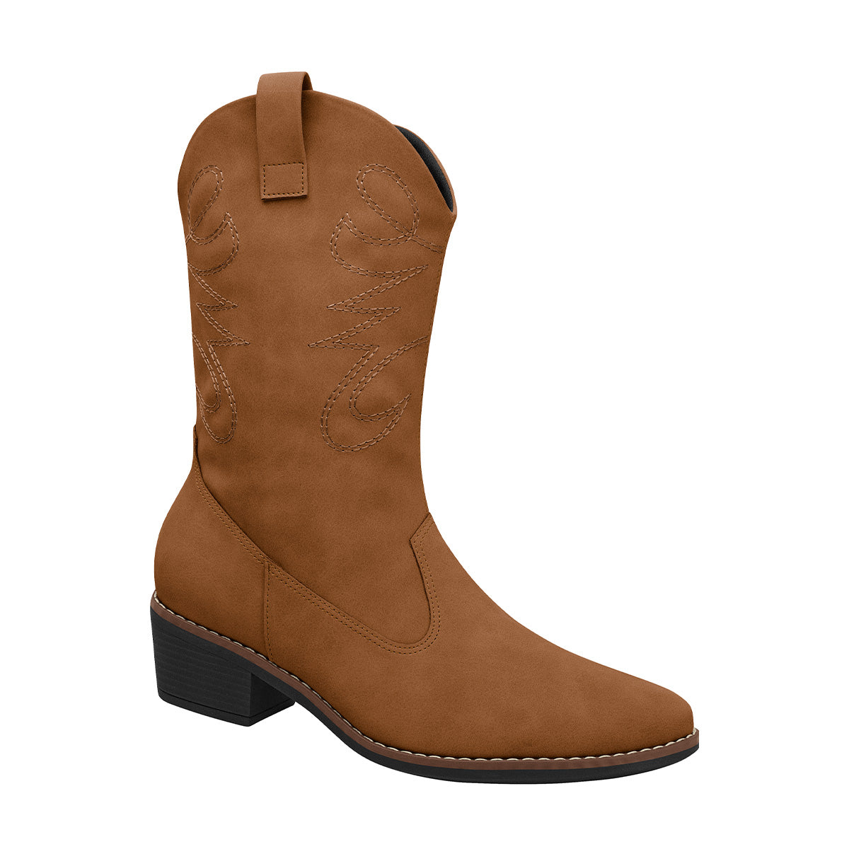 bota vaquera color café para mujer, suela negra y diseño bordado