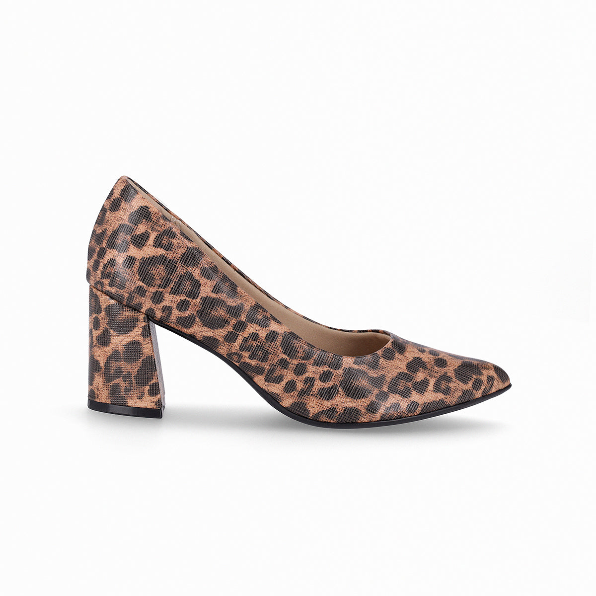 Zapatilla dama de tacón alto cuadrado y puntera almendrada color animal print