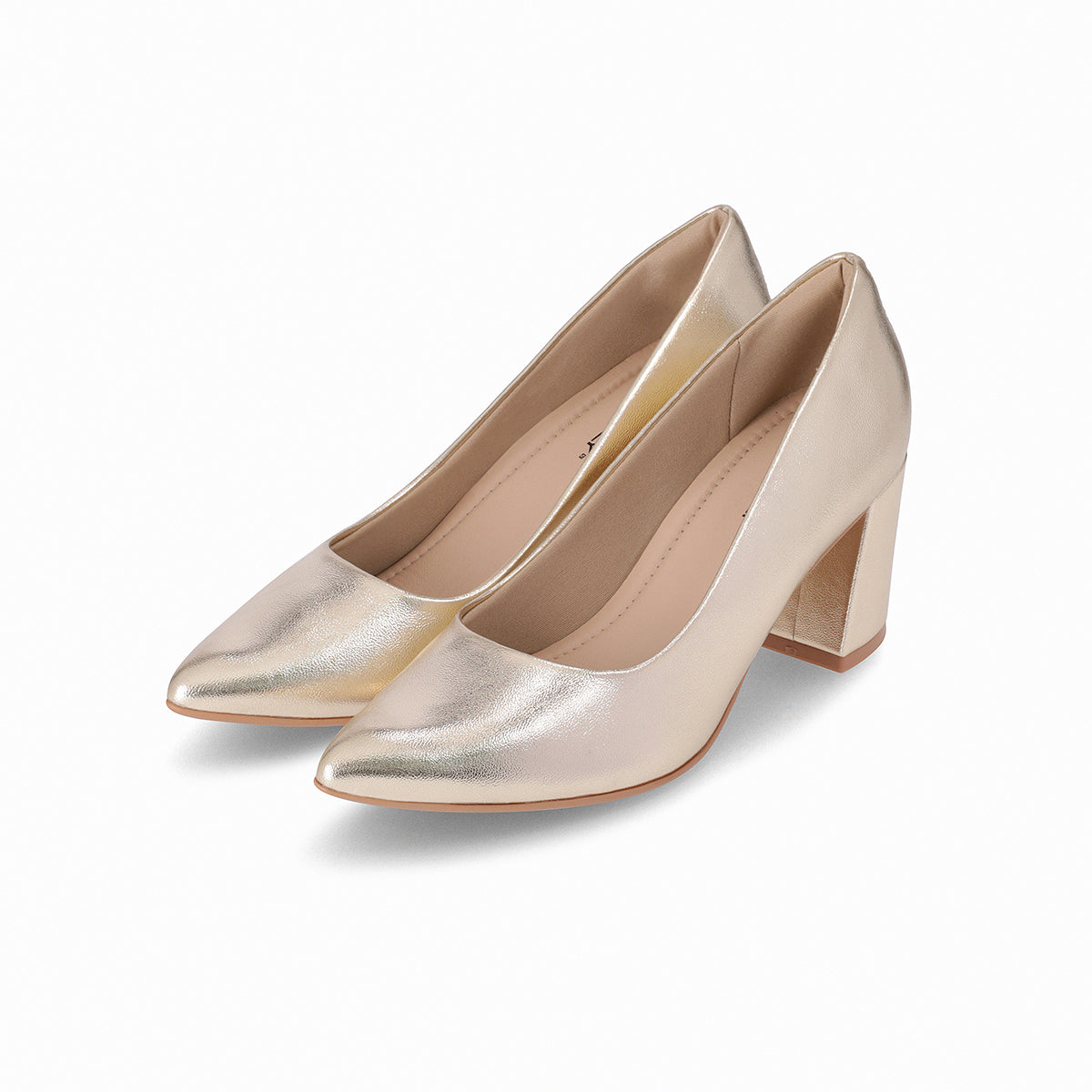 Zapatilla dama de tacón alto cuadrado y puntera almendrada color dorado elegantes