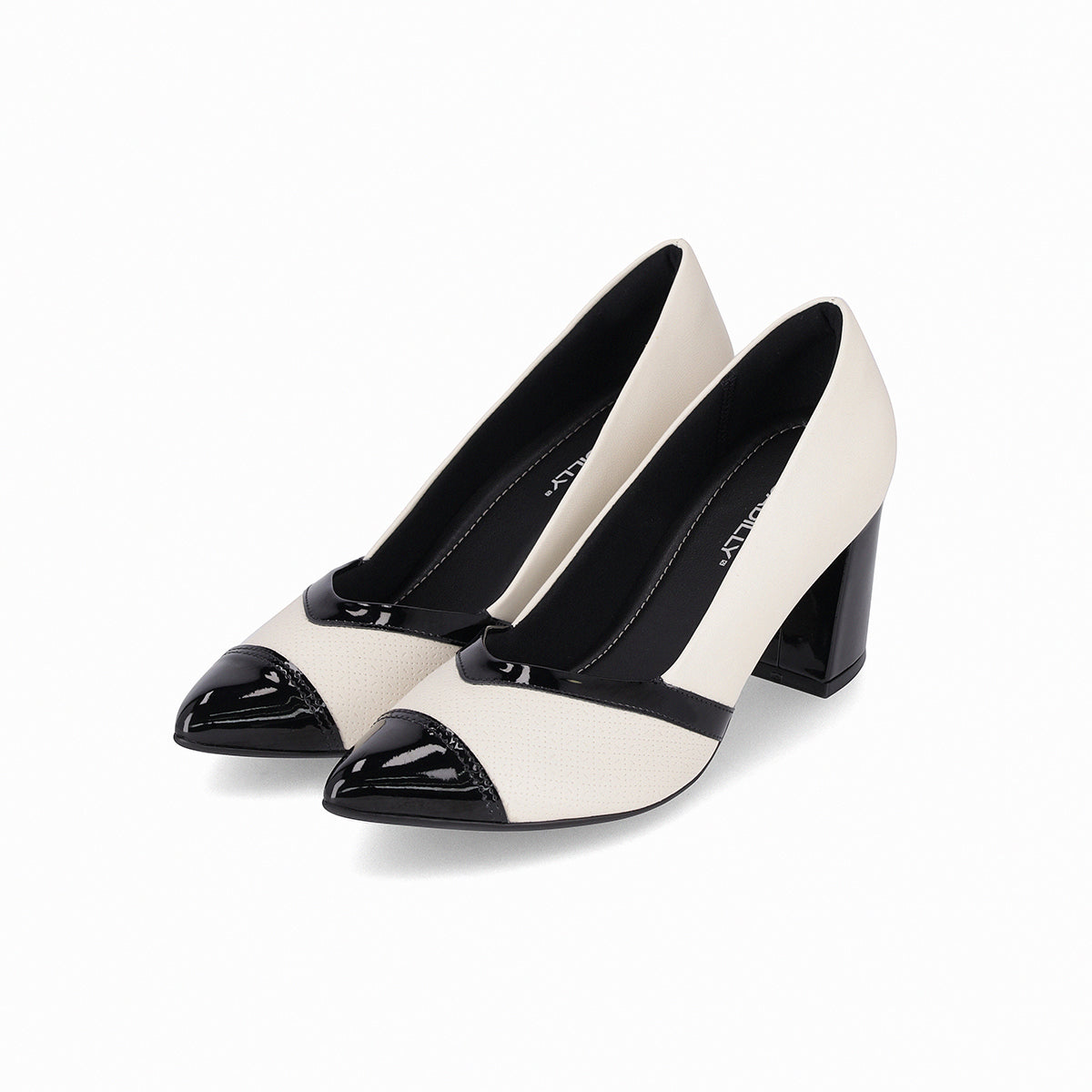 Zapatillas bicolor blanco y negro tacón ancho alto 6.5 cm con cap toe para mujer colección Luiza. Elegante y versátil con diseño cap toe, suela adherente y plantilla cómoda.