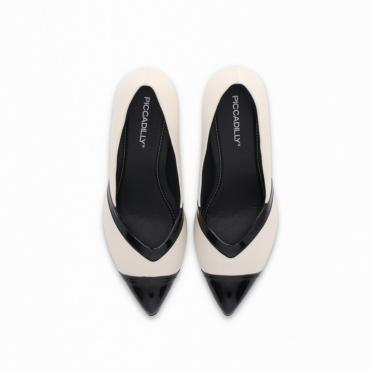 Zapatillas bicolor blanco y negro desde arriba tacón ancho alto 6.5 cm con cap toe para mujer colección Luiza. Elegante y versátil con diseño cap toe, suela adherente y plantilla cómoda.