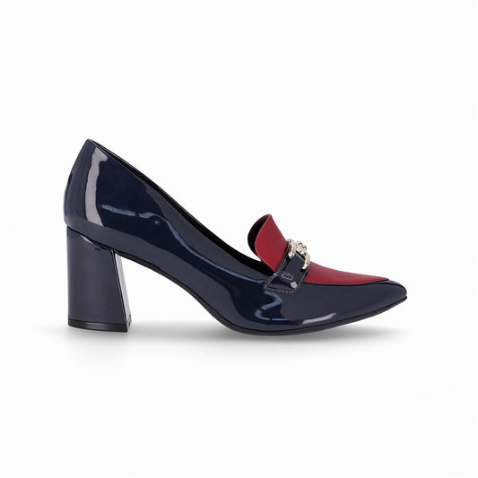 Mocasín mujer tacón alto 6.5 cm bicolor azul marino y rojo con eslabón