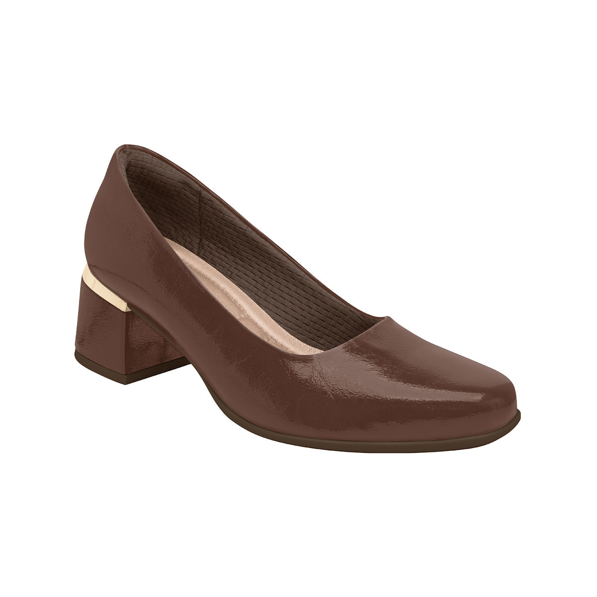 Zapatilla color café para dama de tacón medio 5 cm, con puntera cuadrada y detalle metálico