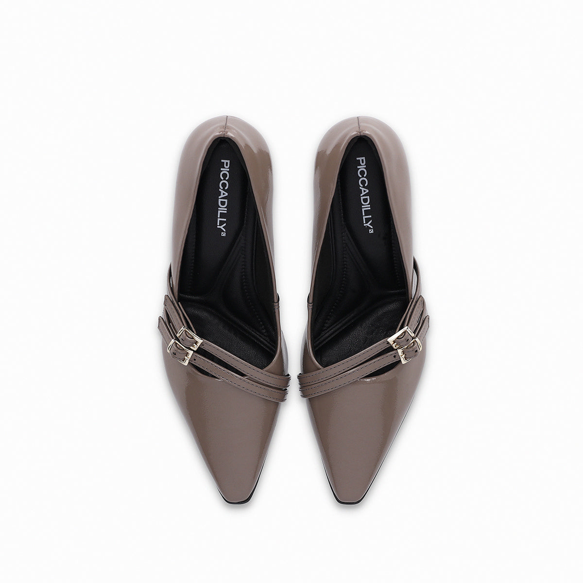 Zapato dama tipo stiletto tacón alto 6cm on correas cruzadas con hebilla color taupe puntera en punta
