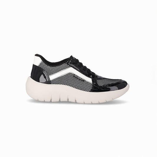Tenis color blanco y negro casuales para mujer, colección Eliane, cuña media 3.5 cm. Estilo casual y cómodo con amortiguación, suela flexible y diseño versátil.