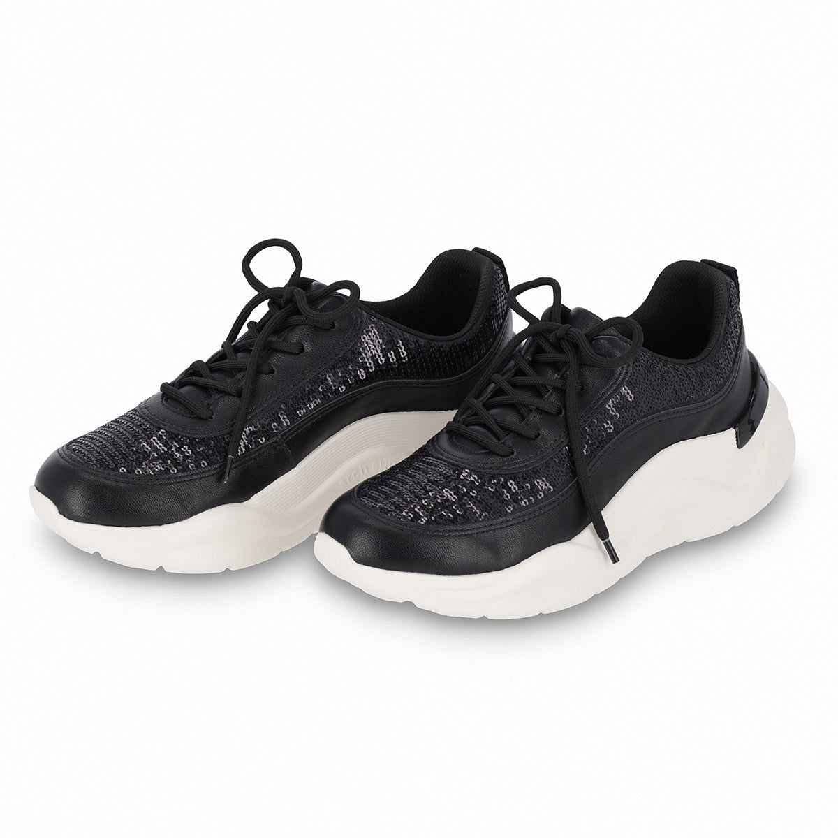 par de tenis color negro de cuña media con lentejuelas y plantilla anatómica para fascitis plantar para mujer