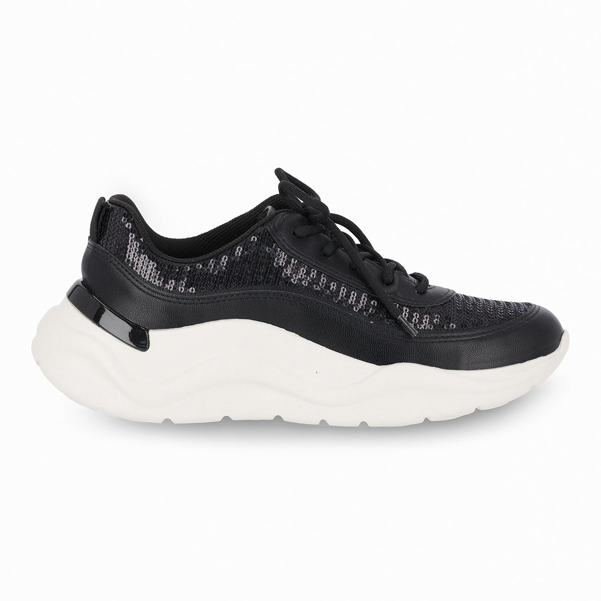 Tenis color negro de cuña media con lentejuelas y plantilla anatómica para fascitis plantar para mujer