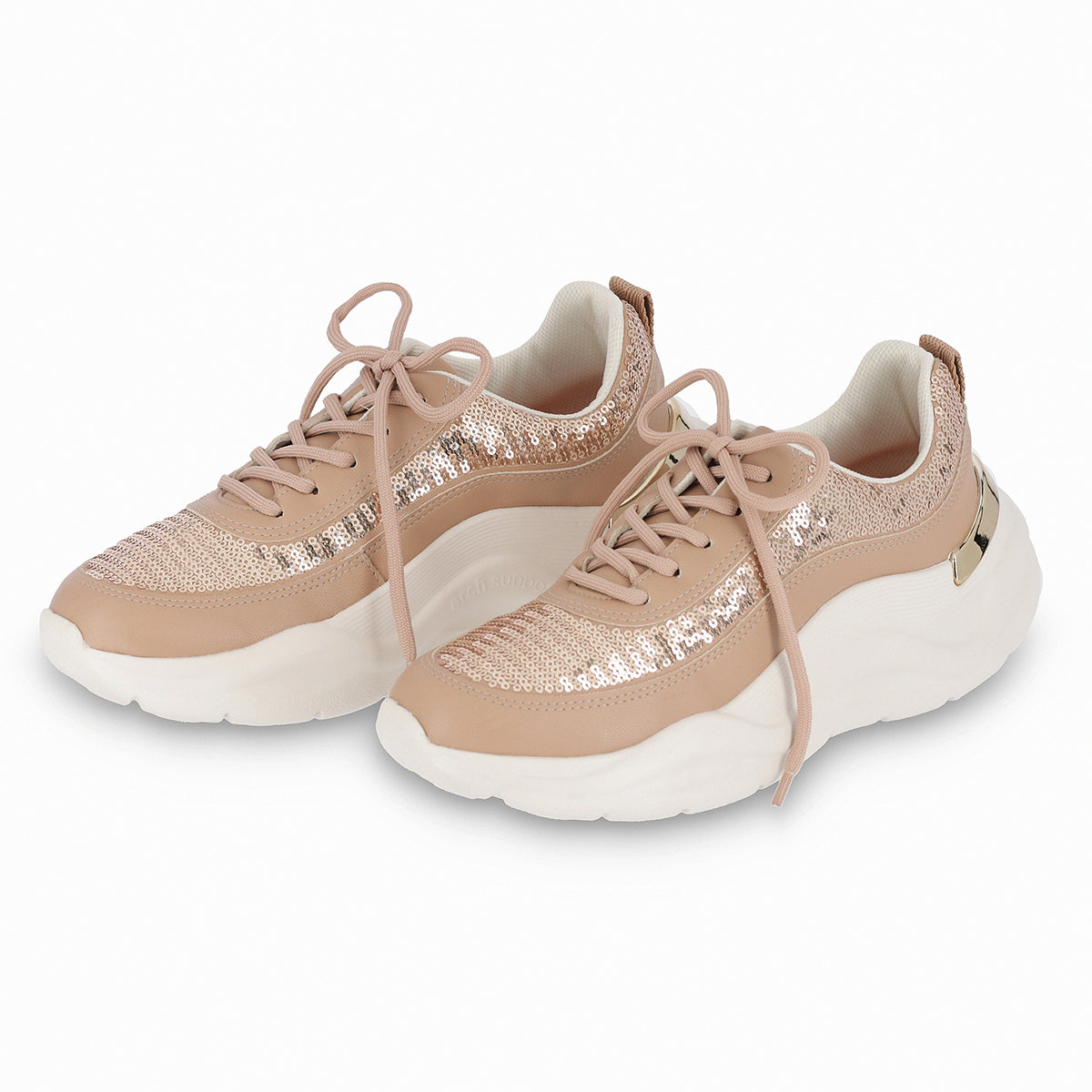 par de tenis color beige de cuña media con lentejuelas y plantilla anatómica para fascitis plantar para mujer