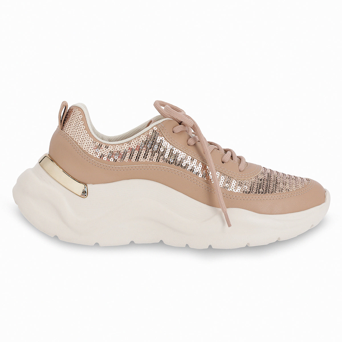 Tenis color beige de cuña media con lentejuelas y plantilla anatómica para fascitis plantar para mujer