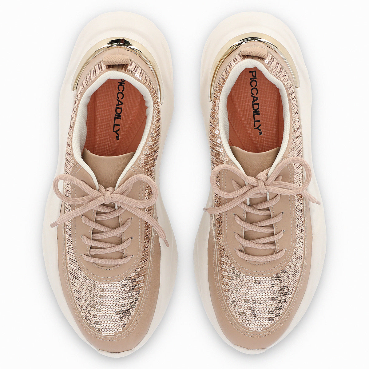 par de tenis color beige de cuña media con lentejuelas y plantilla anatómica para fascitis plantar para mujer
