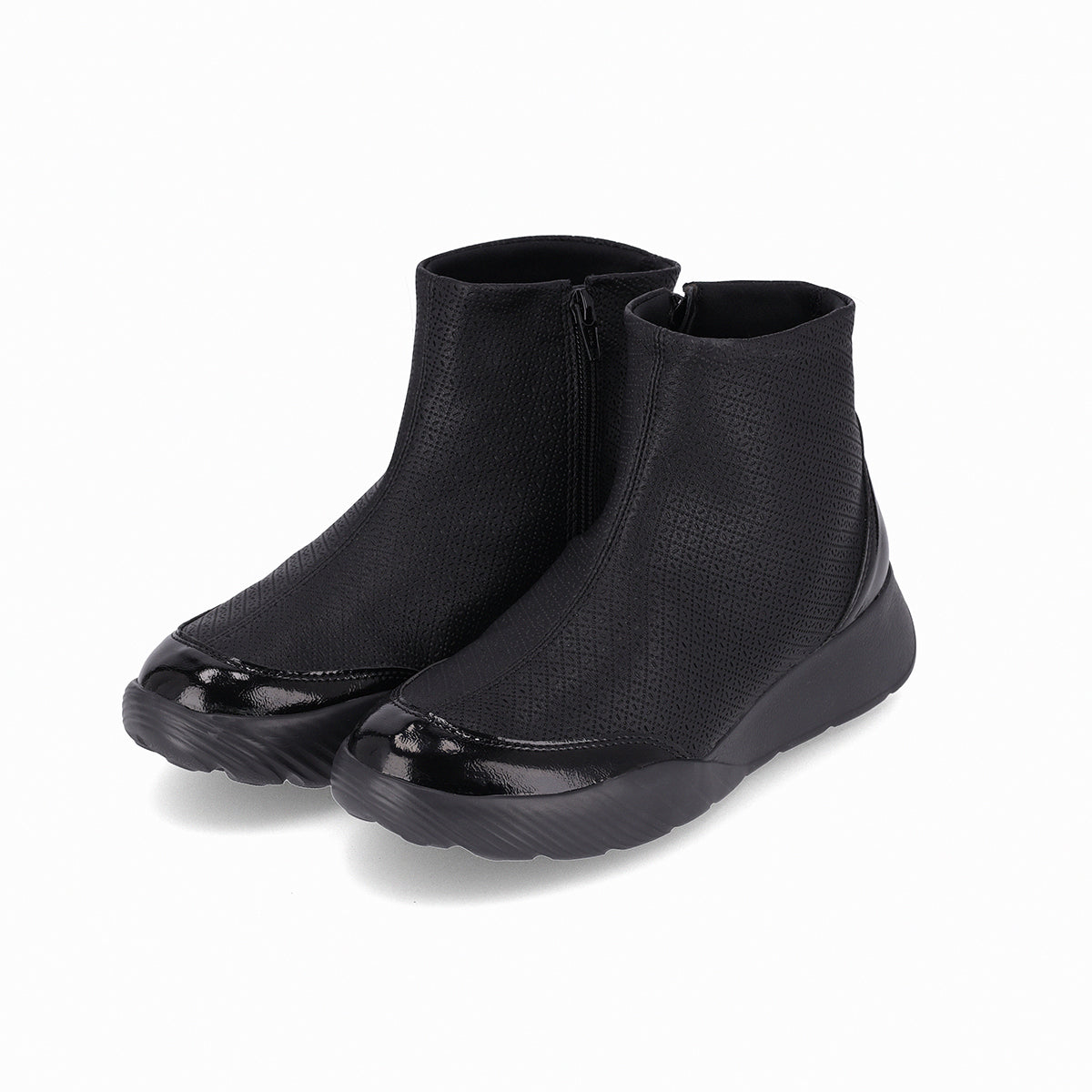 par de tenis negros al tobillo sin agujetas para Fascitis plantar para mujer, suave plantilla anatómica con plataforma 4 cm, cierre lateral con cremallera. Estilo casual.