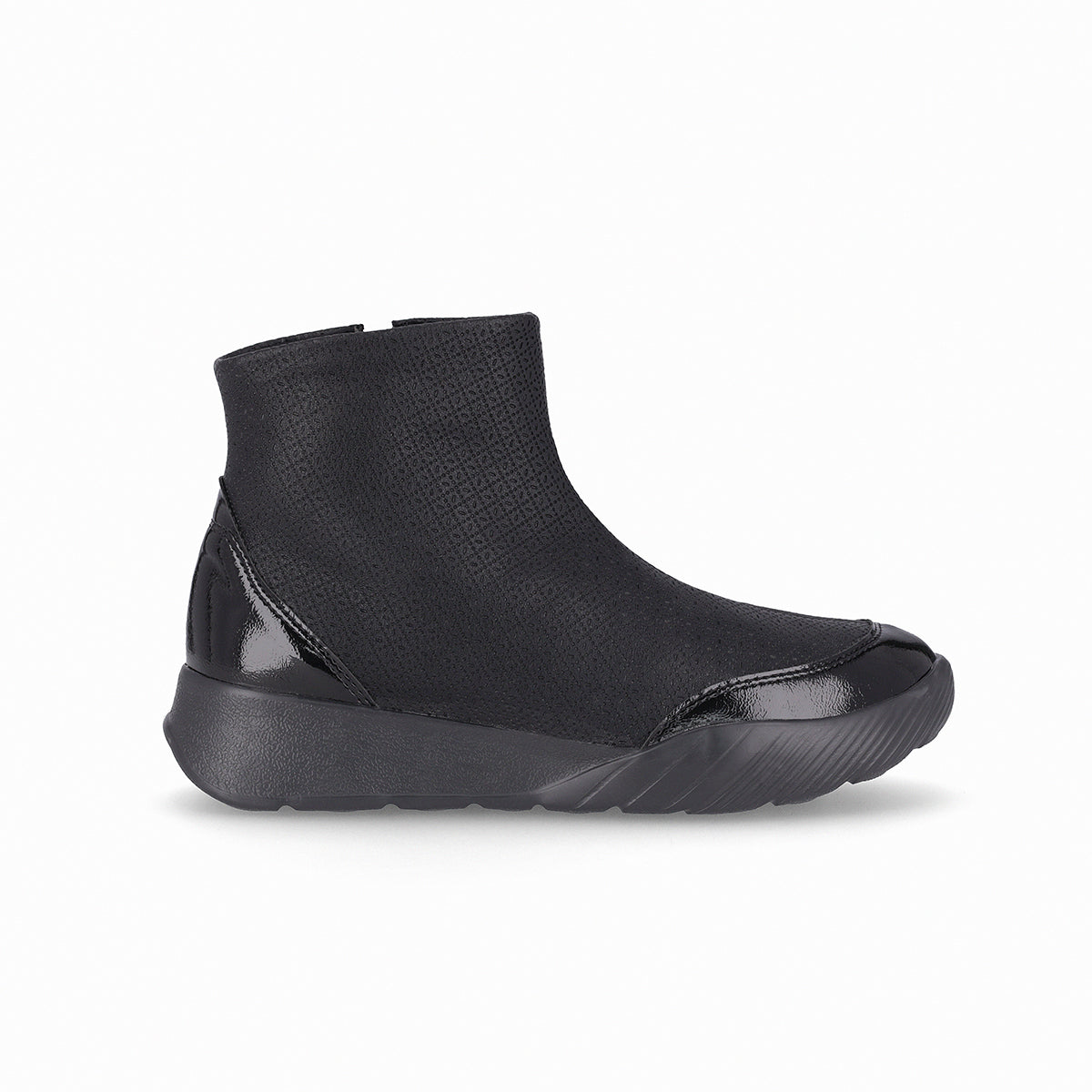 Tenis negro al tobillo para Fascitis plantar para mujer, suave plantilla anatómica con plataforma 4 cm, cierre lateral con cremallera. Estilo casual.