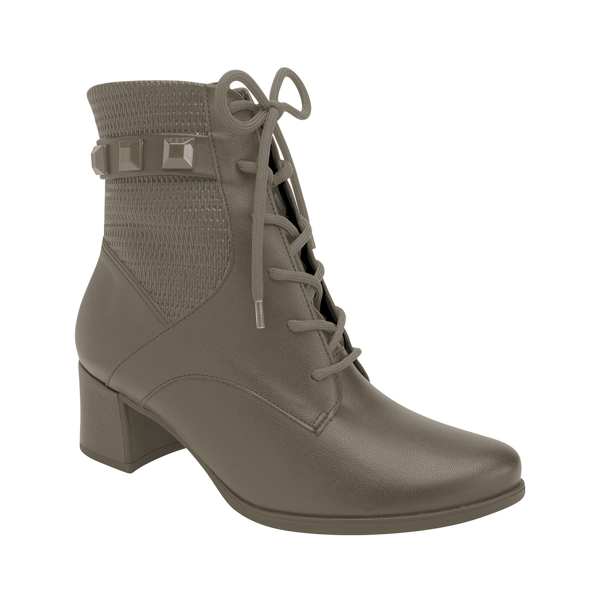 botin danubia arriba del tobillo de tacon medio grueso con agujetas y estoperoles para mujer taupe