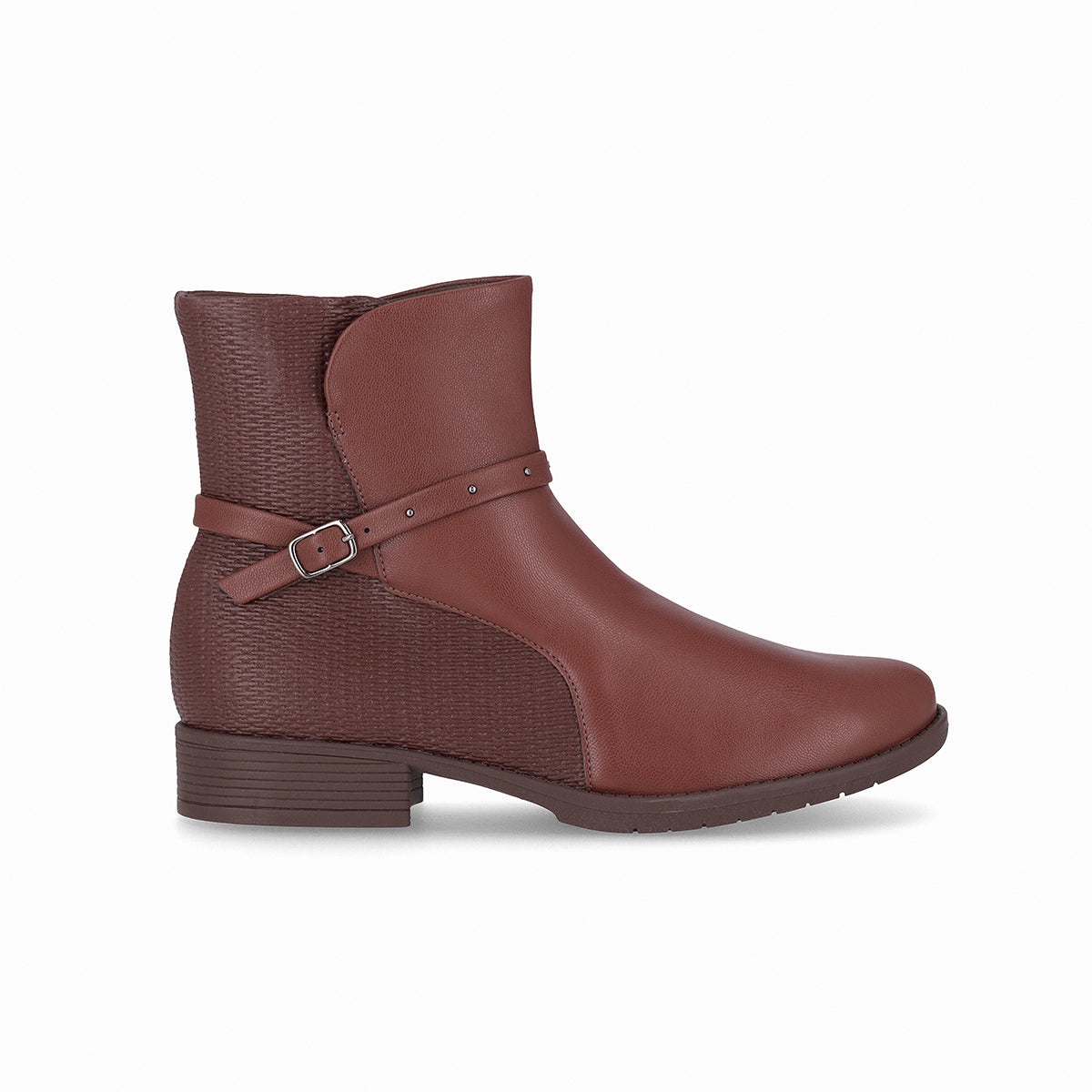 botin leci al tobillo de tacón bajo doble textura con cinto para mujer café