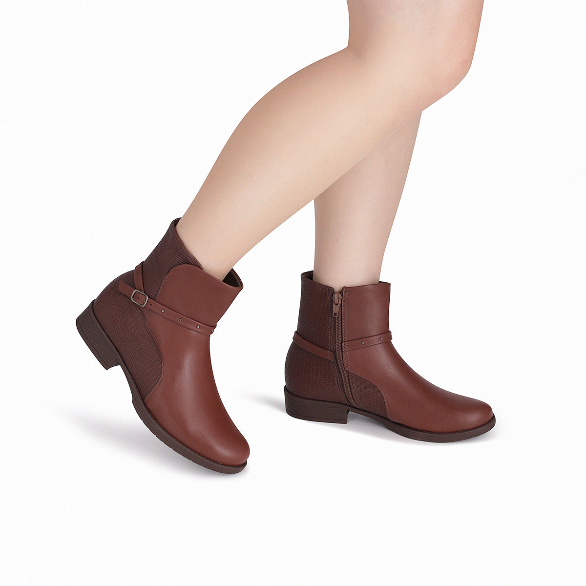 botin leci al tobillo de tacón bajo doble textura con cinto para mujer café