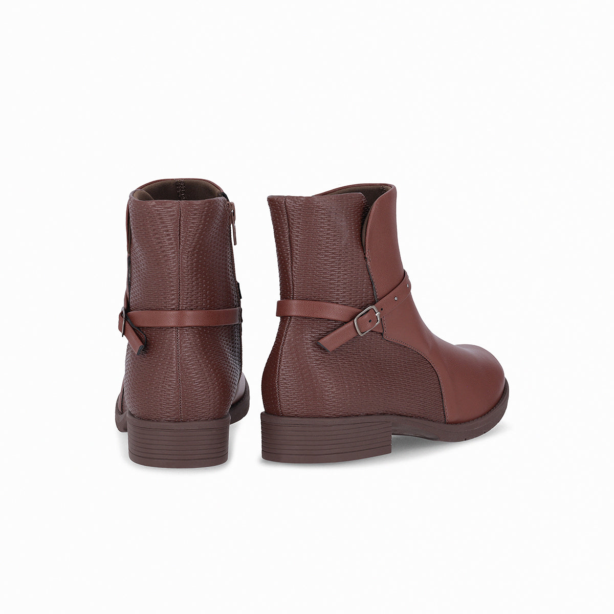 botin leci al tobillo de tacón bajo doble textura con cinto para mujer café