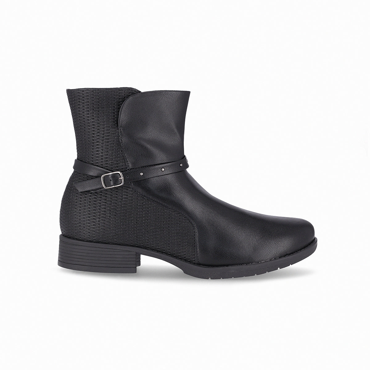 botin leci al tobillo de tacón bajo doble textura con cinto para mujer negro