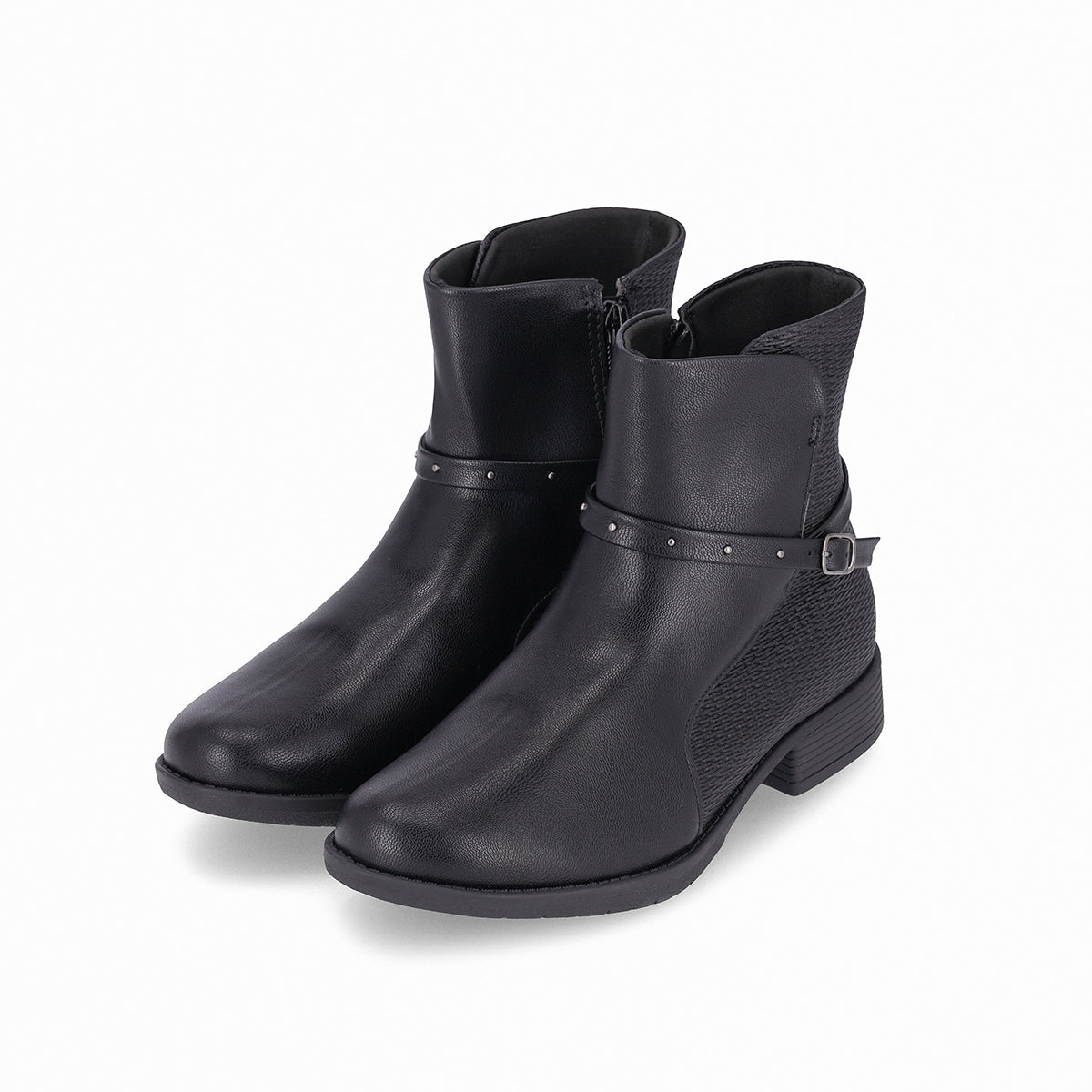 botin leci al tobillo de tacón bajo doble textura con cinto para mujer negro