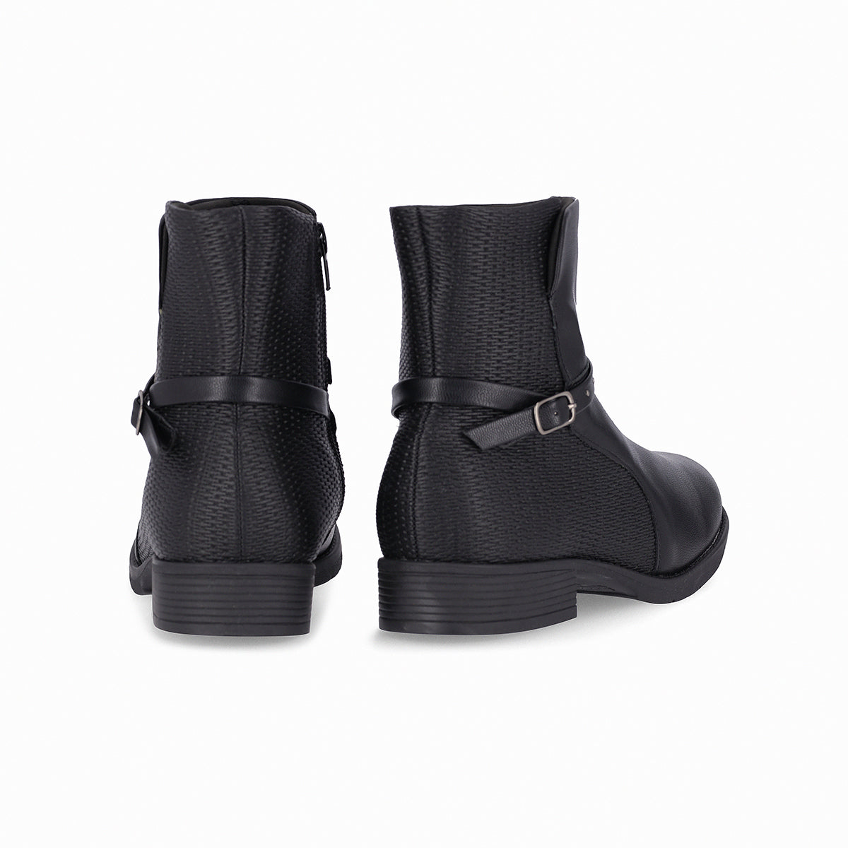 botin leci al tobillo de tacón bajo doble textura con cinto para mujer negro