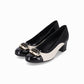 Zapatillas tacón medio 5 cm con eslabón con toques dorados para mujer, diseño bicolor blanco y negro y plantilla cómoda