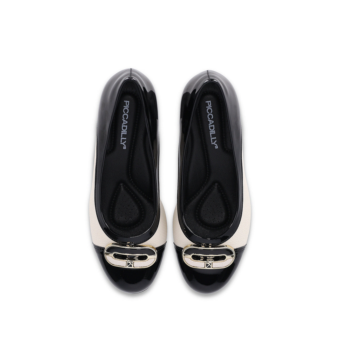 Zapatillas tacón medio 5 cm con eslabón con toques dorados para mujer, diseño bicolor blanco y negro y plantilla cómoda vista superior