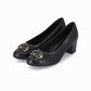 Zapatillas negras tacón medio 5 cm con eslabón con toques dorados para mujer, diseño dos texturas tipo cap toe