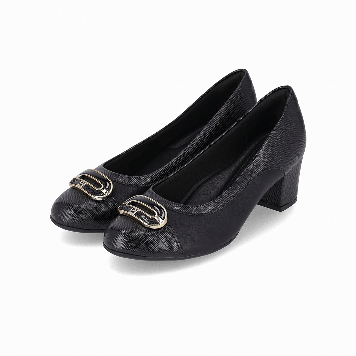 Zapatillas negras tacón medio 5 cm con eslabón con toques dorados para mujer, diseño dos texturas tipo cap toe