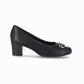 Zapatilla negra tacón medio 5 cm con eslabón con toques dorados para mujer, diseño dos texturas tipo cap toe