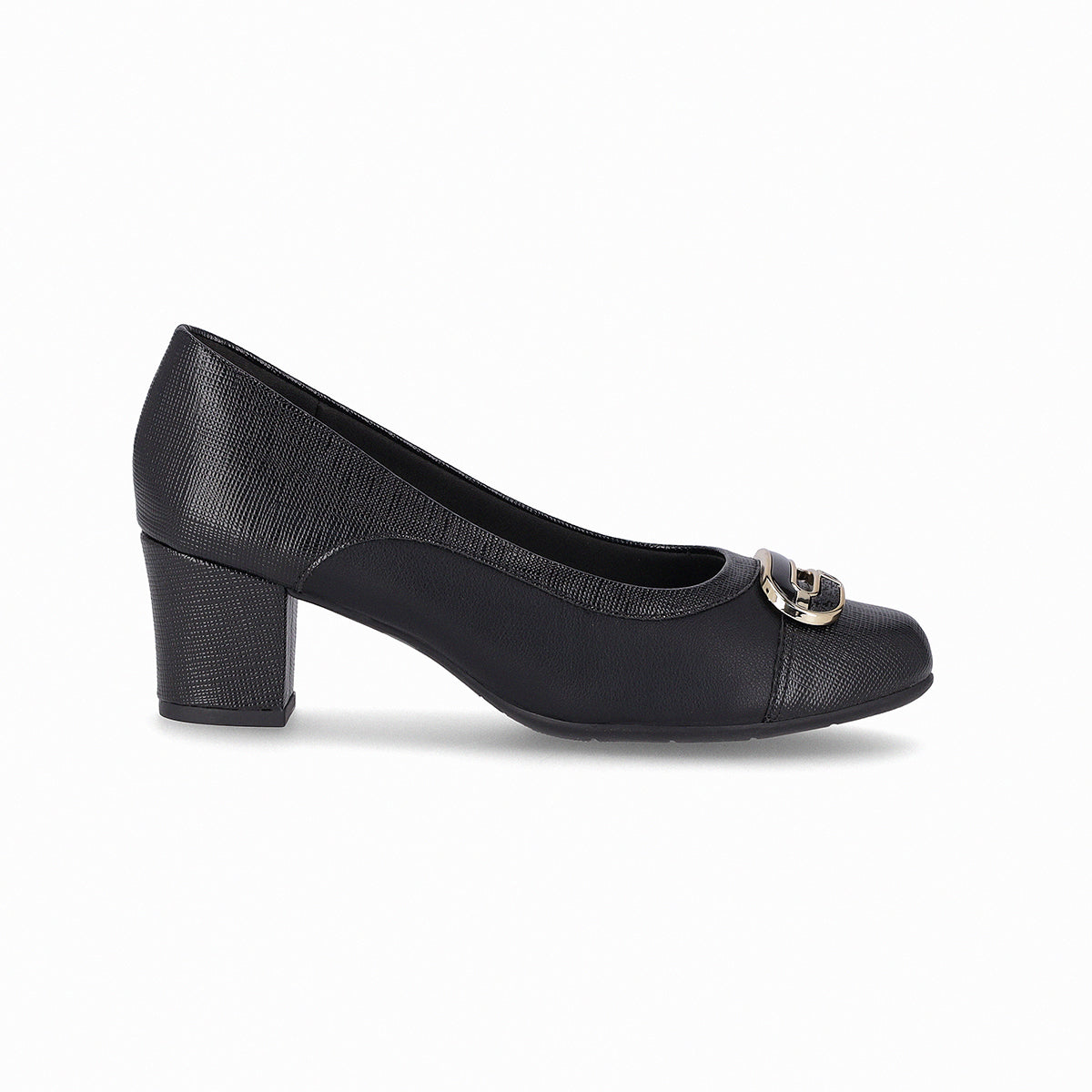 Zapatilla negra tacón medio 5 cm con eslabón con toques dorados para mujer, diseño dos texturas tipo cap toe
