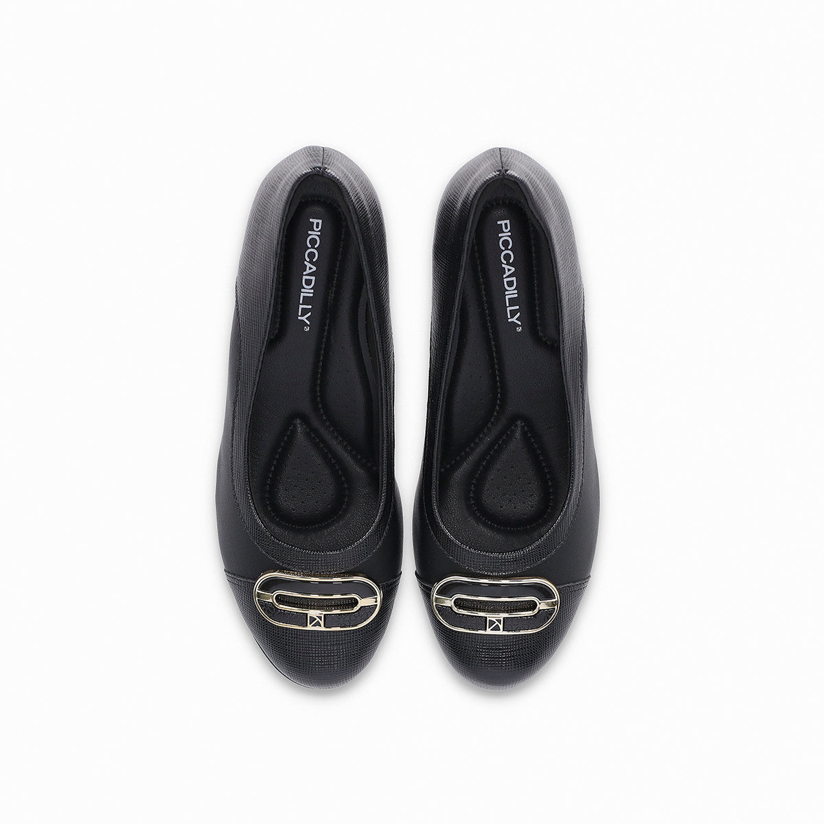 Zapatilla negra tacón medio 5 cm con eslabón con toques dorados para mujer, diseño dos texturas tipo cap toe vista superior de la plantilla