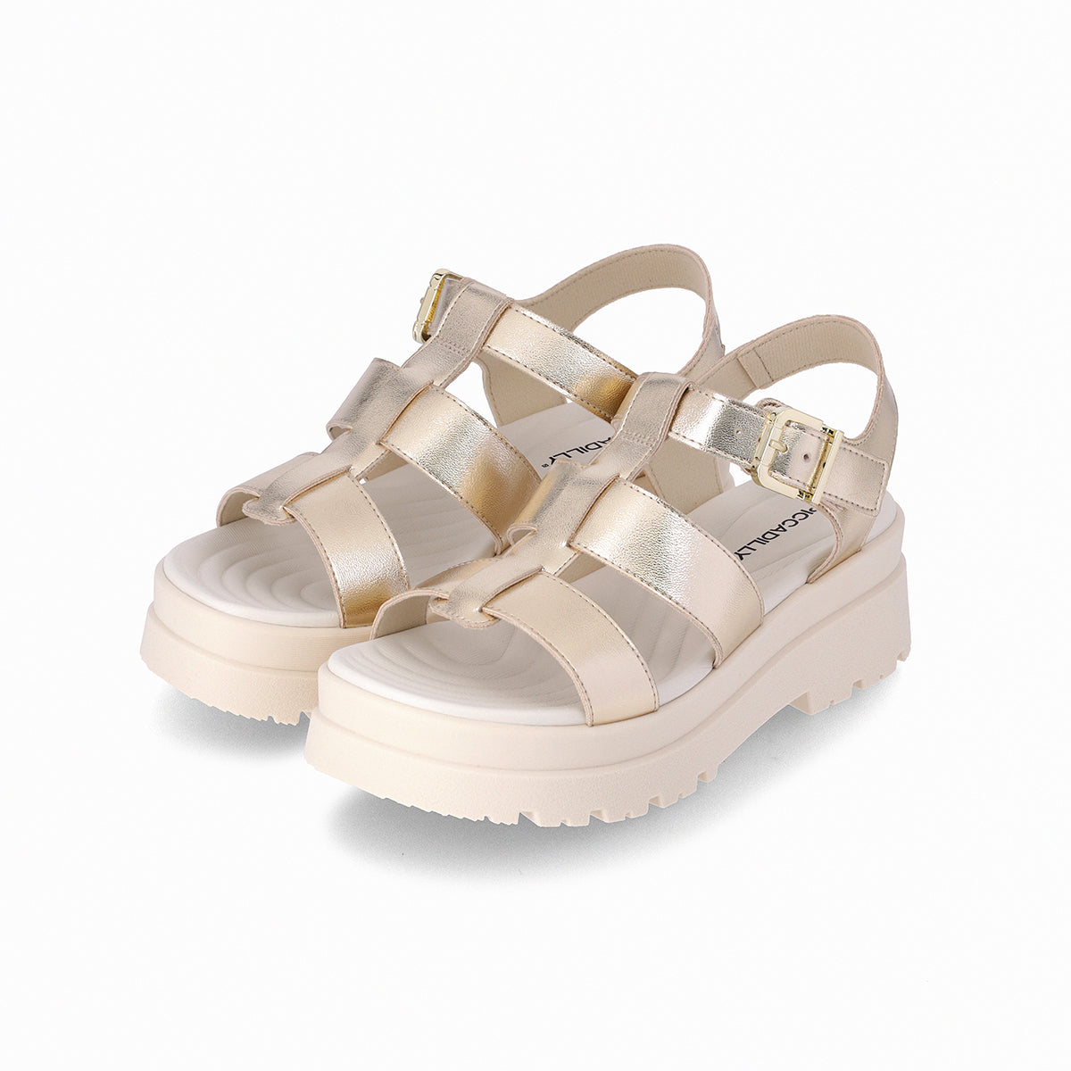Sandalias mujer plataforma tipo chunky con tiras 5cm color oro dorado ajuste con correa al tobillo