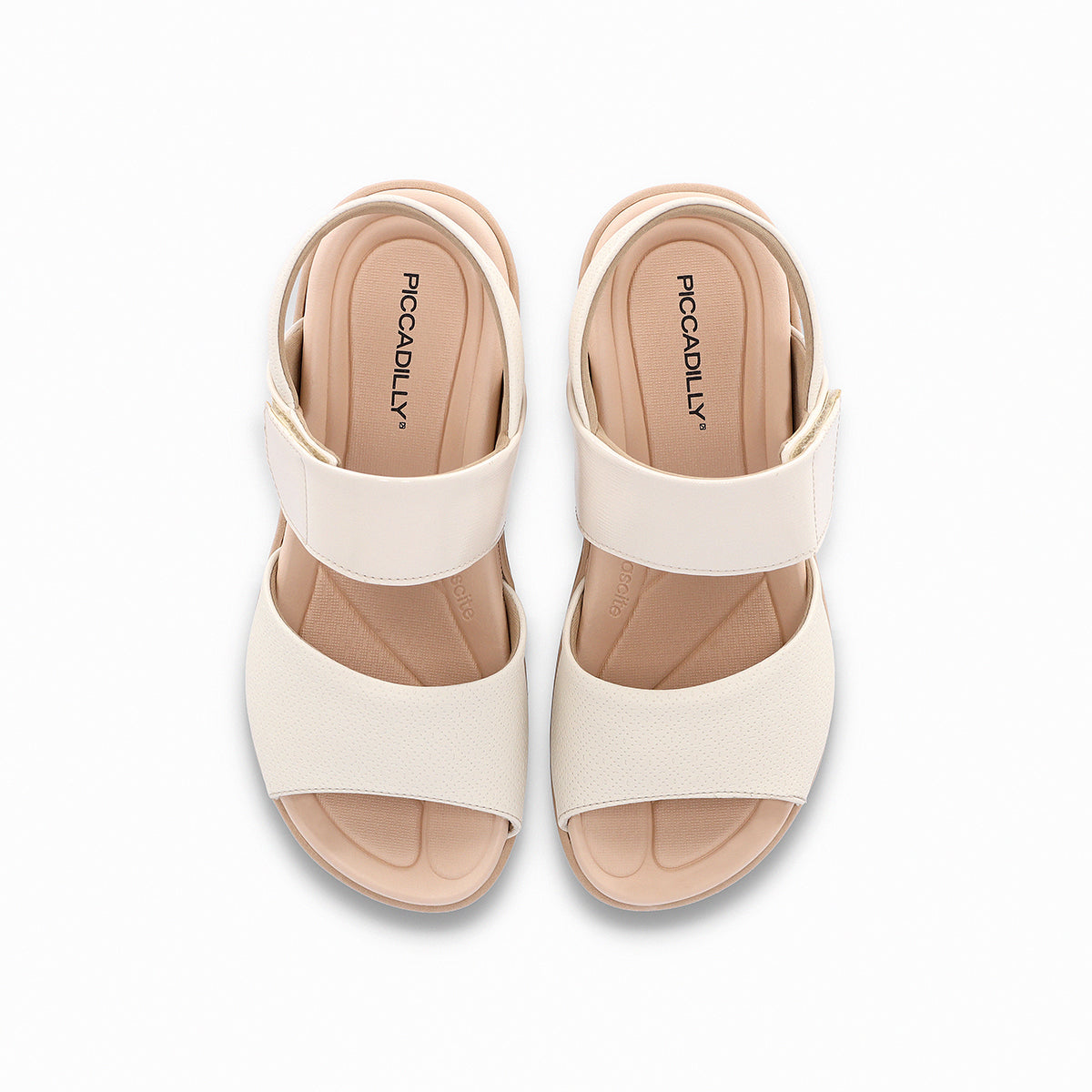 Sandalias blancas con suela beige cuña media con tres tiras para mujer. Ajuste con velcro. Vista superior.
