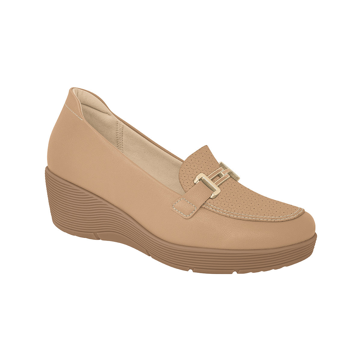 Mocasín dama color nude cuña alta 4 cm, suela plana y hebilla