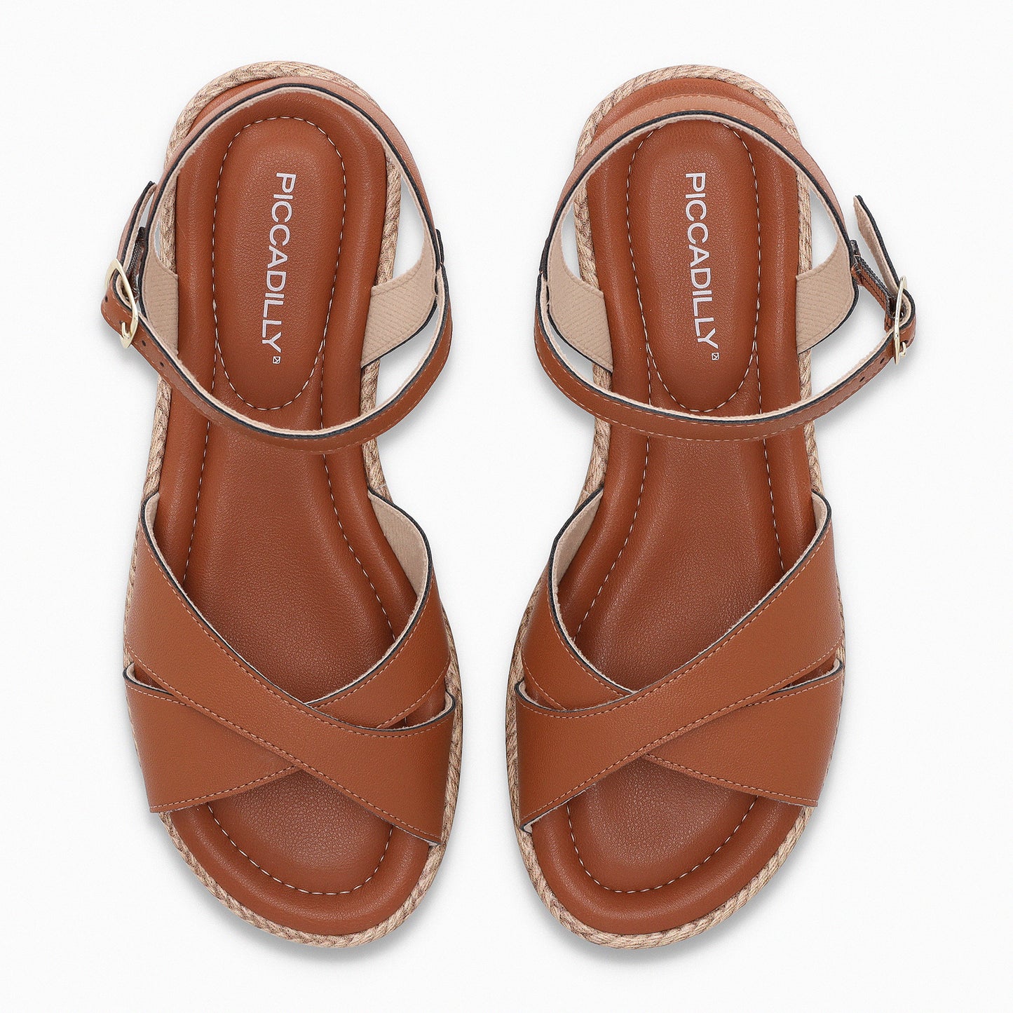 Sandalia de cuña baja corrida con correas al tobillo y tiras cruzadas - Contemporanea