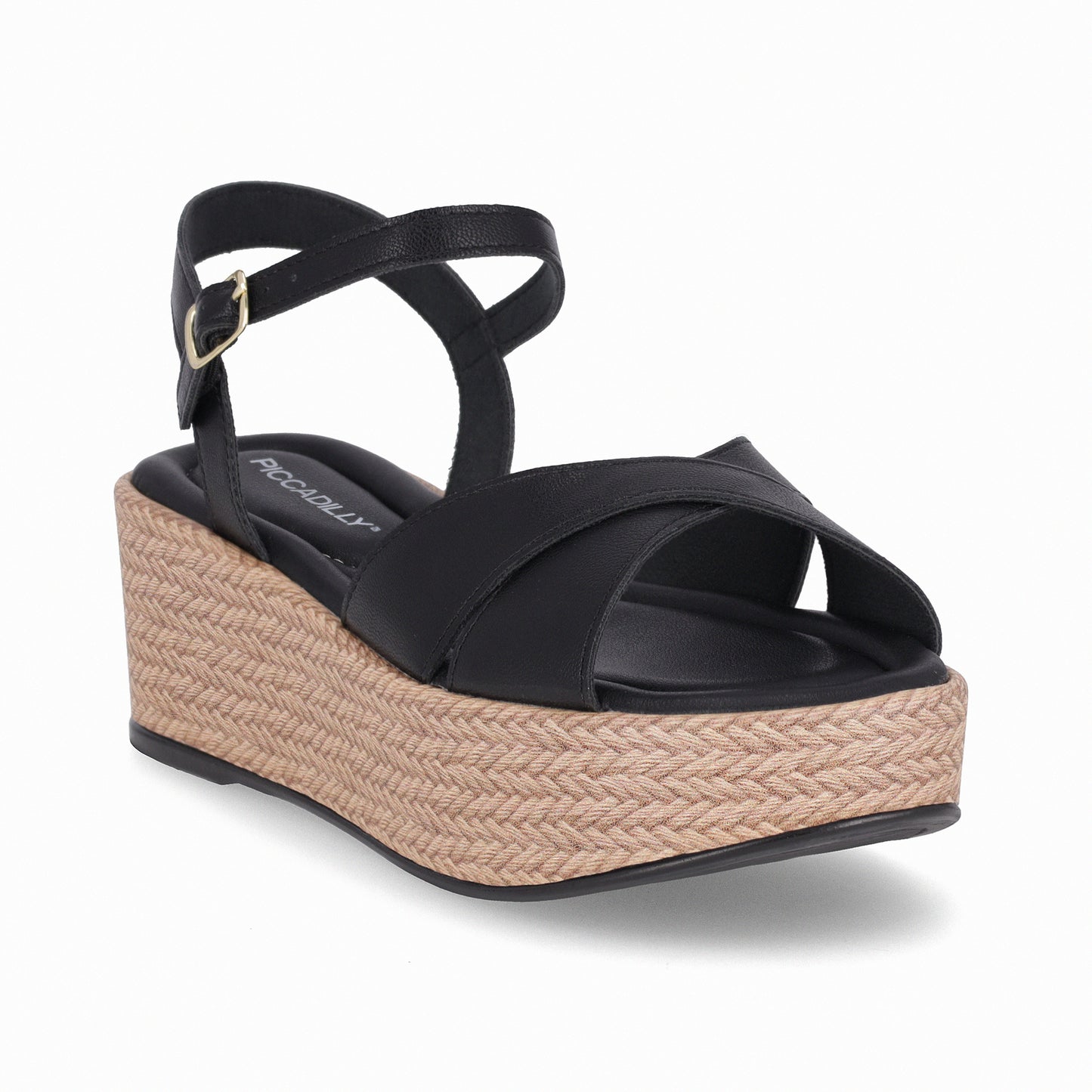 Sandalia de cuña baja corrida con correas al tobillo y tiras cruzadas - Contemporanea