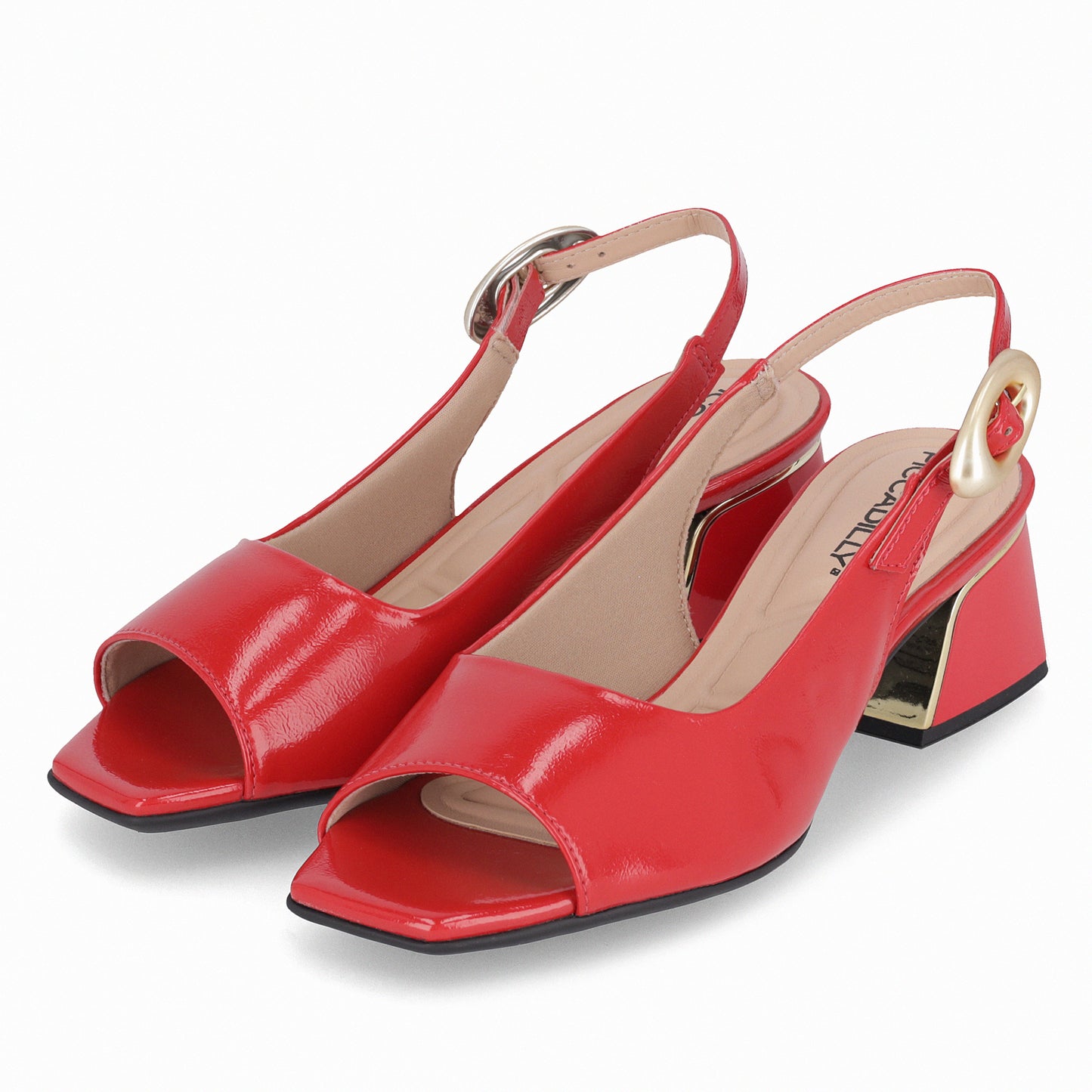 Sandalia de tacón medio destalonado y hebilla metalizada – Renee