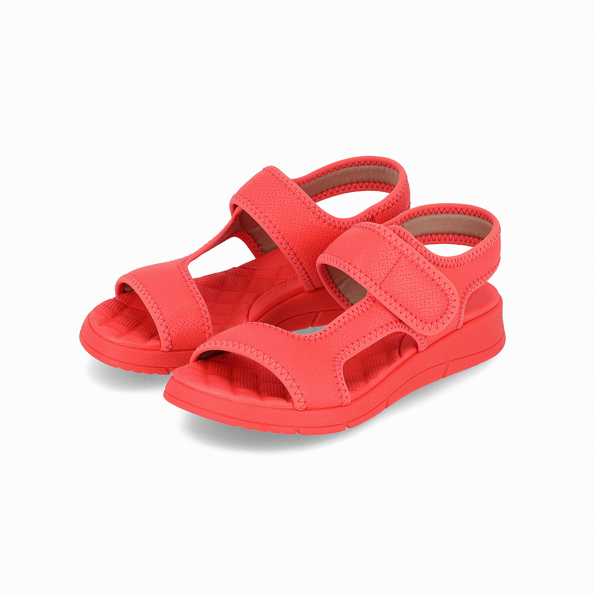 Sandalias color coral de cuña media hechas de elastano y ajuste con velcro para mujer