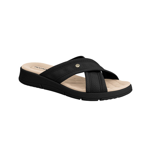 Sandalia color negro de cuña media con diseño de tiras cruzadas para mujer.