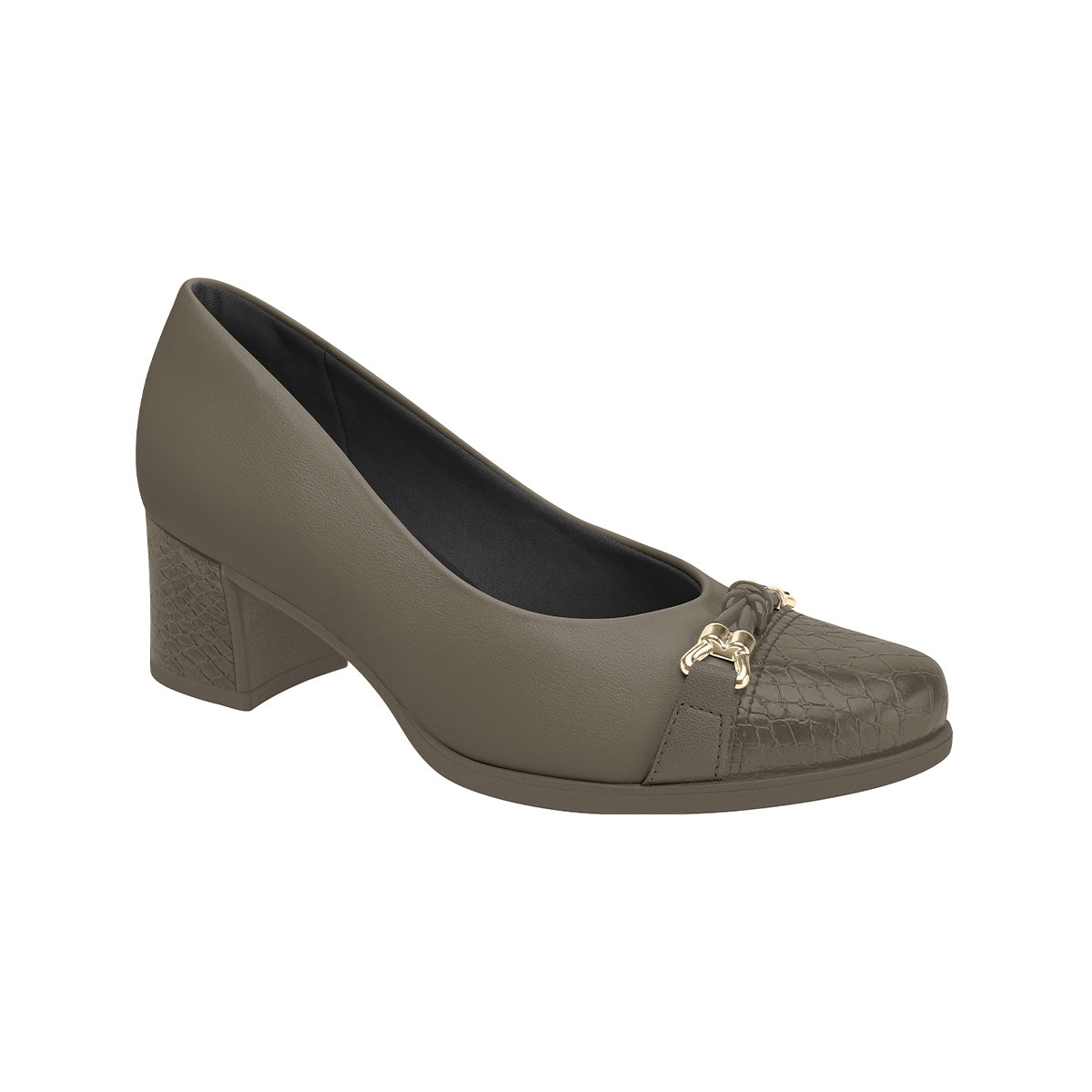 Zapatilla color taupe tacón medio 5 cm con puntera cap toe texturizada y adorno de eslabones efecto metálico para mujer
