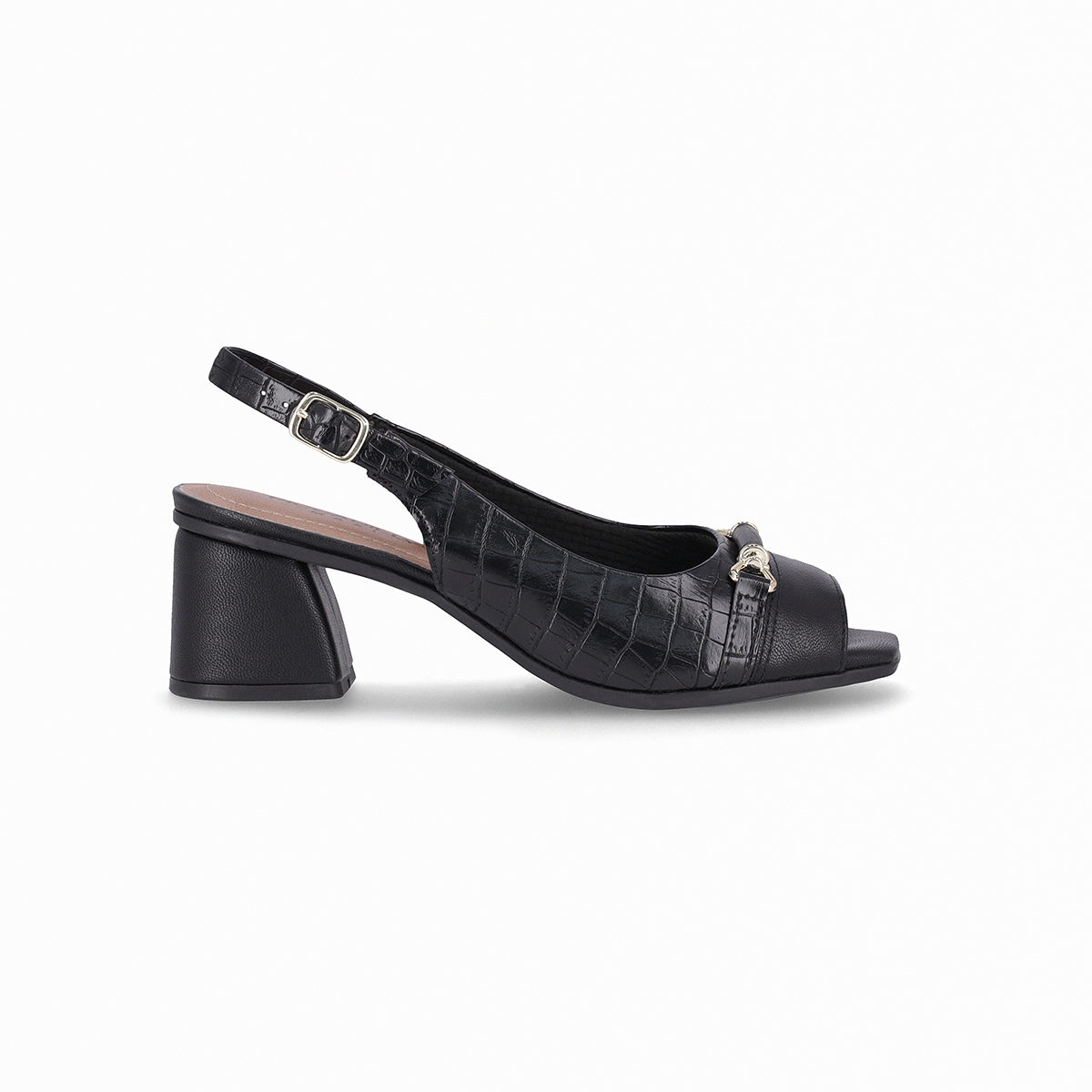 Slingback para mujer tacón medio relieve tipo cocodrilo puntera abierta piel tipo cocodrilo ajuste al tobillo color negro