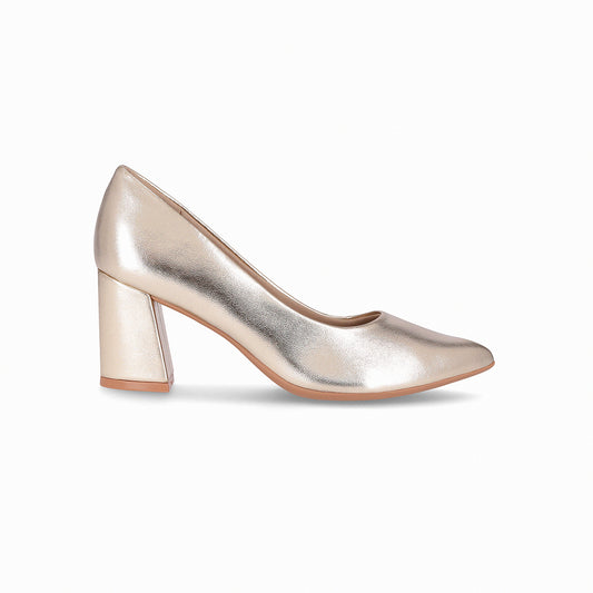 Zapatilla dama de tacón alto cuadrado y puntera almendrada color dorado