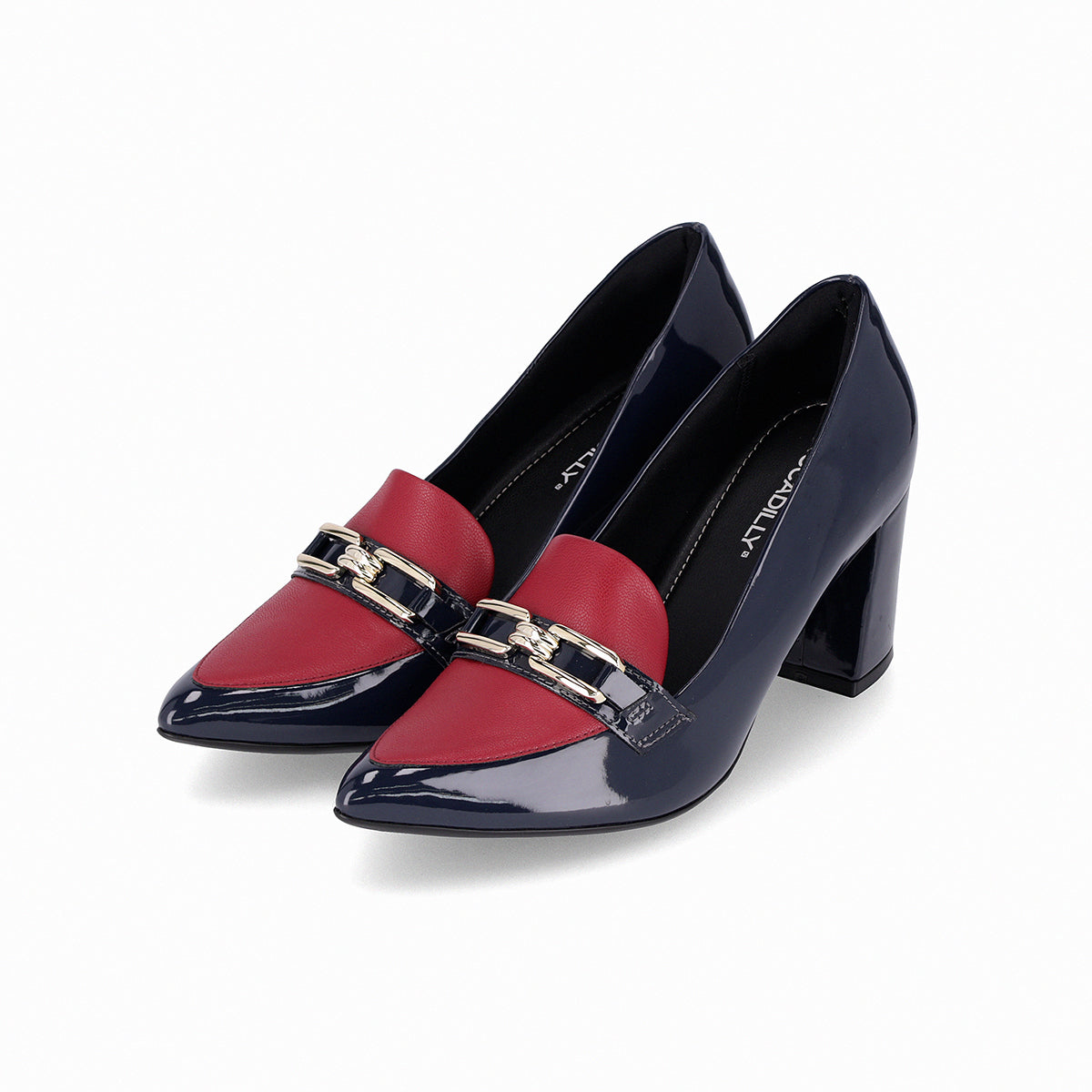 Mocasines para mujer tacón alto 6.5 cm bicolor azul marino y rojo con eslabón
