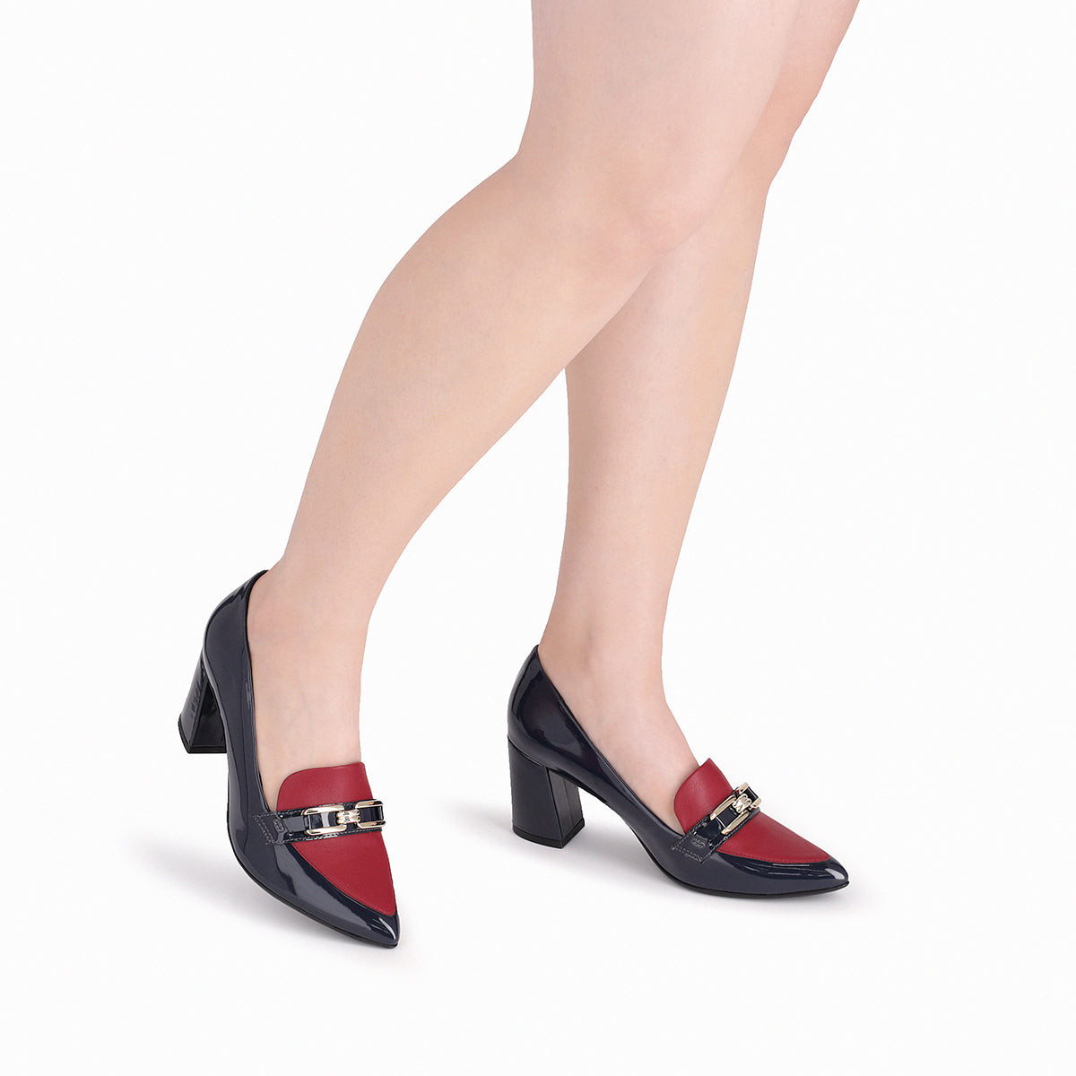 Mocasines para mujer tacón alto 6.5 cm bicolor azul marino y rojo con eslabón sofisticados y elegantes