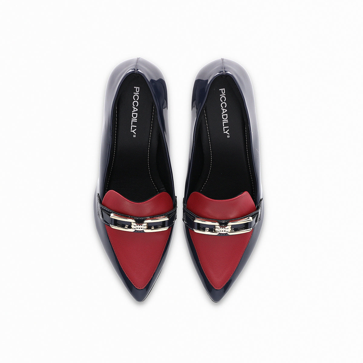 Mocasines para mujer tacón alto 6.5 cm bicolor azul marino y rojo con eslabón desde arriba